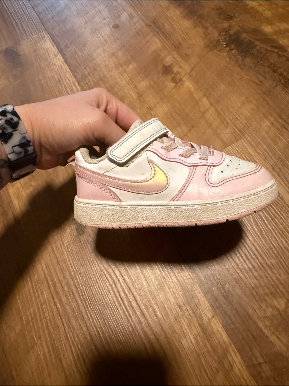 Nike Kids Pink and White Low-Top Sneaker with Iridescent Swoosh